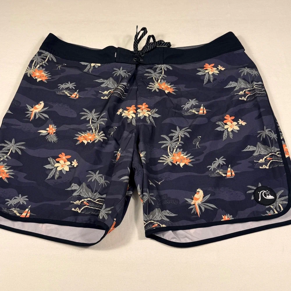Quiksilver Board Shorts 40 Navy Blue Highline Surfsilk Tropical Island Camo